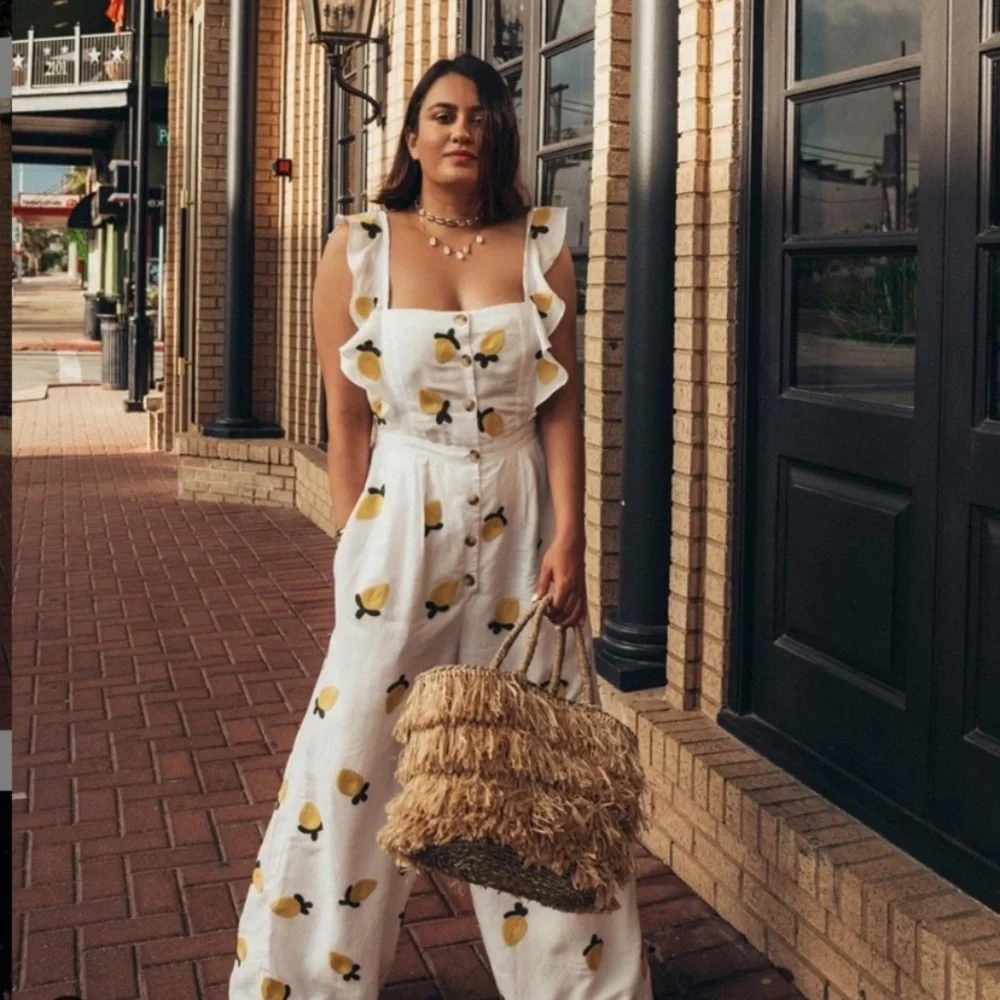 Anthropologie Red Carter Allison Lemon Embroidered Linen Jumpsuit - Picture 4 of 16